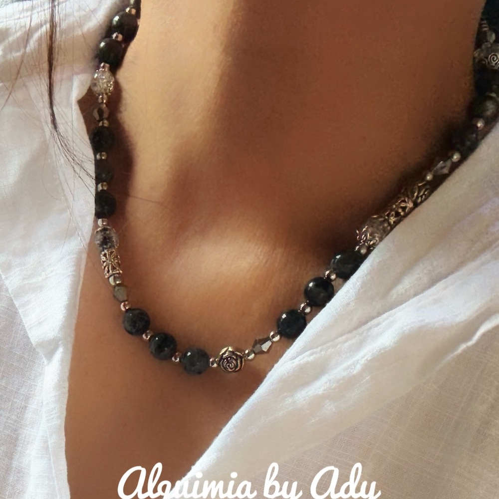 Black Labradorite Beaded Silver Statement Short N… - image 1